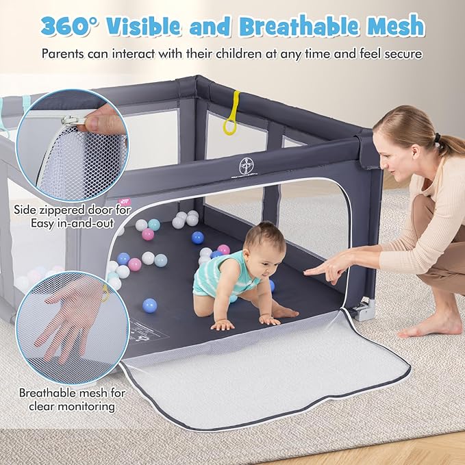 Costzon Foldable Playpen for Babies, 50''x50'' Portable Baby Play Pen with 50 PCS Ocean Balls, 4 Handles, Carry Bag, Visible Mesh, Kids Activity Center with Gates, Indoor & Outdoor Gate Play Pen