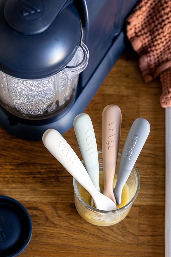 BEABA First Stage Baby Feeding Spoon Set, The Original Soft Tip Silicone Spoons for Babies, Gum Friendly BPA Lead Phthalate and Plastic Free, Great Gift Set (4 Pack), Natural
