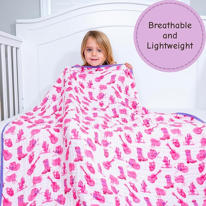 LollyBanks Muslin Baby Quilt, 100% Organic Cotton Baby Blanket, Large 47 x 47 Inches, 6-Layer Soft and Breathable Infant Blanket, Cozy Toddler Girl Blankets, Nursery Essentials (Western Cowgirl)