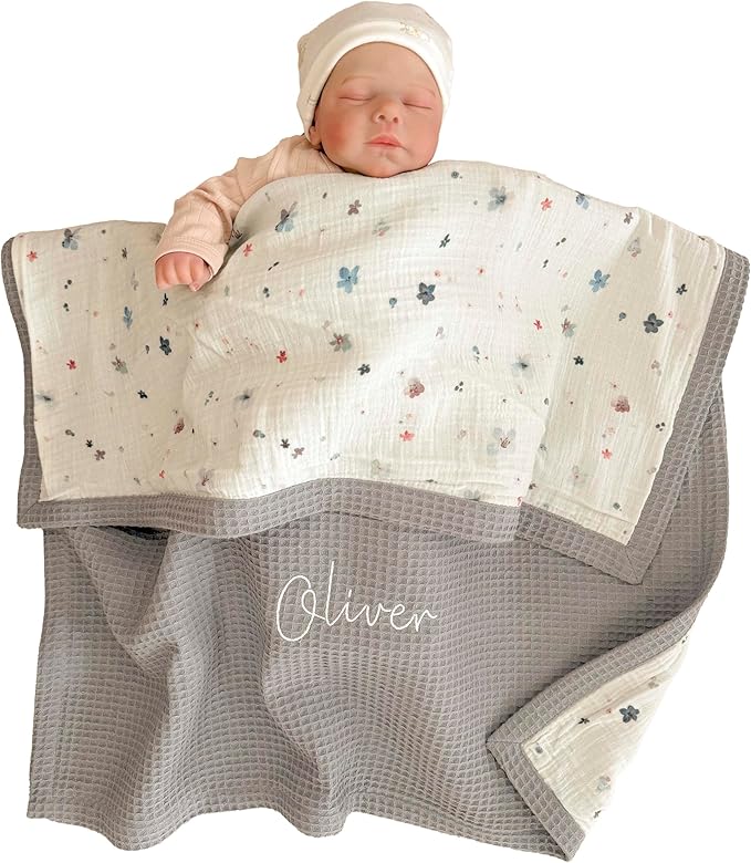 Mouliss Personalized Baby Blanket with Name ??Handmade 100% Organic Cotton Newborn Gift | Custom Knit Blanket for Boys, Girls, Kids & Baby Showers (Light Grey/Galaxy Bloom)