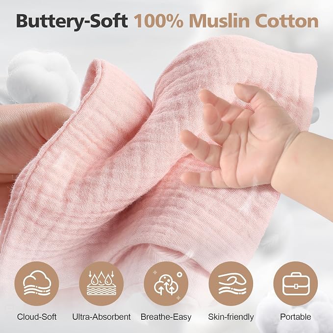 MUKIN Baby Washcloths,Muslin Burp Cloths Towels for Newborns,Absorbent Cotton Bath Face Towel ，5 Pack, 12x12 Inches (Rosy Embrace)