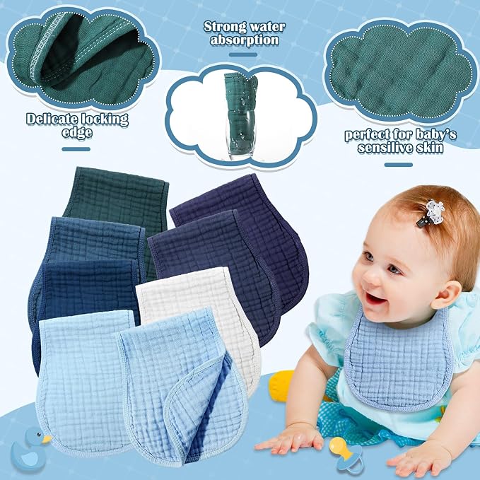 Frienda 8 Pack Muslin Burp Cloths for Baby Large 20 x 10 Inch Cotton Burp Rags for Spit up Drool Absorbent Soft Multicolor Wash Cloths Diapers for Newborn Girl Boy Essential Shower Gift(Blue Series)