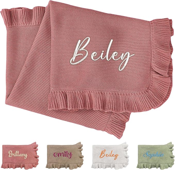 Embroidery Name Knit Baby Blanket, 30x40in Personalized Baby Blanket for Newborn Girl and Boy, Custom Knit Baby Boy Blanket with Embroidery, Newborn Boy Girl Soft Cotton Knit Blanket (Pink)