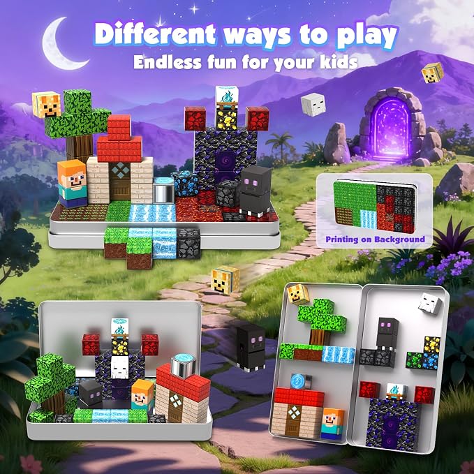GraceDuck Magnetic Blocks with Iron Box, Obsidian Nether Portal 45 PCS Travel Magnetic Building Blocks, STEM Educational Building Set Construction Toys for Kids Ages 3+, Building Toys