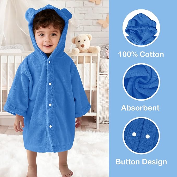 VOOVA & MOVAS Toddler Poncho Towel with Bear Ear Hood, 0-24Months | 100% Cotton, Ultra-Soft & Absorbent | Gentle for Sensitive Skin, Bathroom, Pool & Beach Towel | Newborn, Gem Blue