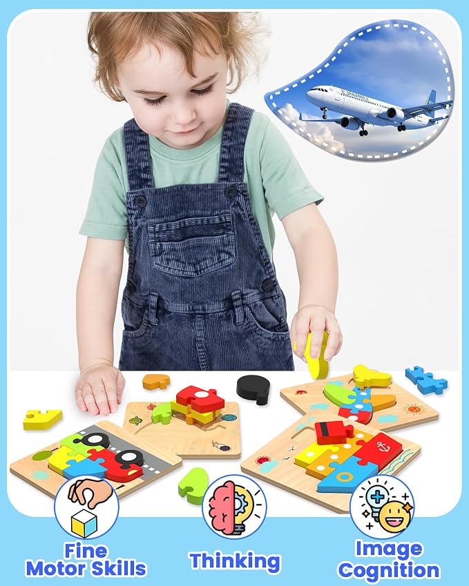 Benresive Wooden Toddler Puzzles for Boys Girls Age 1 2 3, 6 Pack Montessori Vehicle Toys, Educational Preschool Learning Toys, Great Birthday Gifts for Toddlers