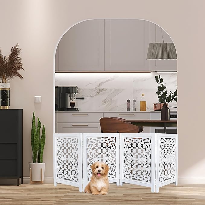 Lightnpro Foldable Carved Wooden Dog Gate with Stopper - Freestanding Indoor Pet Barrier for Home, Adjustable Dog Fence for Stairs, Doorways & Hallways - 24x18 Inch (4 Panels) Antique White