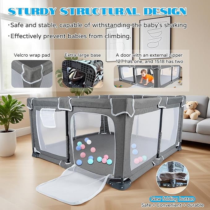 Foldable Baby Playpen,PlayPens for Babies and Toddlers，Indoor Outdoor Safety Play Area, Portable Child Activity Large Collapsible Play Yard，Folding Fence (Cationic Fabric-Grey, 50"x50")