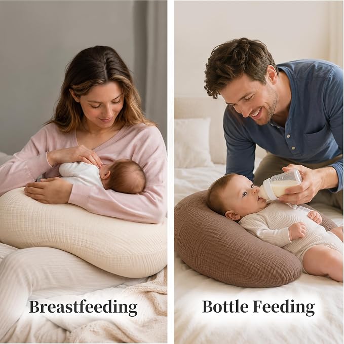 Pro Goleem Muslin Nursing Pillow Cover, 100% Cotton Soft Breathable Feeding Pillow Slipcover for Breastfeeding Moms, Fits Standard Infant Nursing Pillow, for Boys and Girls, 2 Pack (Brown＆Beige)