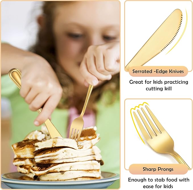 12-Piece Gold Kids Silverware, E-far Stainless Steel Toddler Kids Utensils Safe for Preschooler/Children, Includes 4 Forks 4 Spoons 4 Knife, Slimline Look & Small Size, Healthy & Rust Free