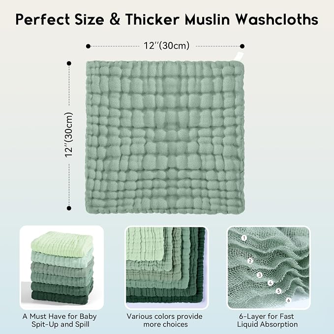 Unnivoll Muslin Burp Cloths Baby 12''X12'', Baby Washcloths 6 Pack, 100% Cotton Baby Wash Cloths Absorbent and Soft for Newborn Infants Kids Boys Girls - Gradient Green