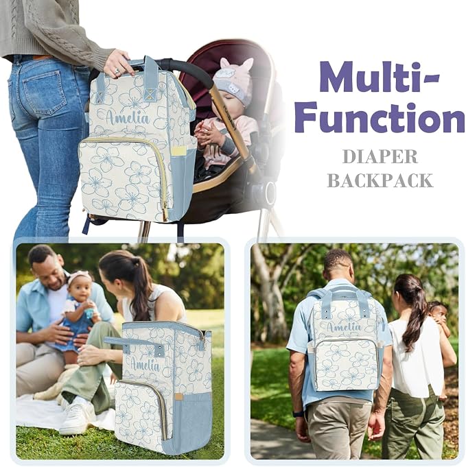 Custom Diaper Backpack, Upgraded Large Capacity Baby Changing Bag, Personalized with Name, Multifuction Mommy Backpack with Insulated Pockets for Boys Girls, Floral