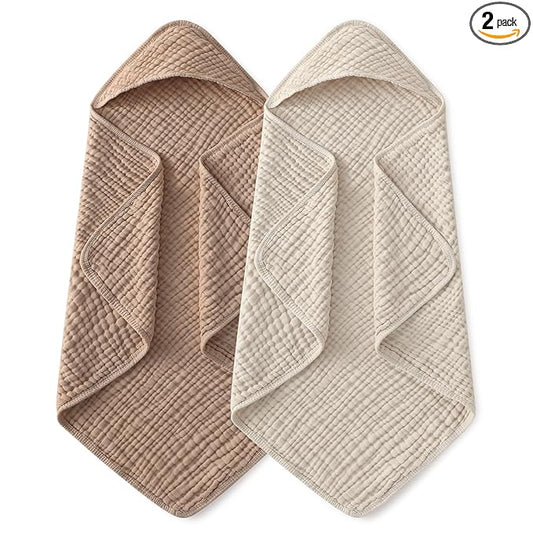 Yoofoss Hooded Baby Towels for Newborn 2 Pack 100% Muslin Organic Cotton Baby Bath Towel with Hood for Babies, Infant, Toddler and Kids, 32x32Inch, Soft and Absorbent Newborn Essential, Beige&Coffee