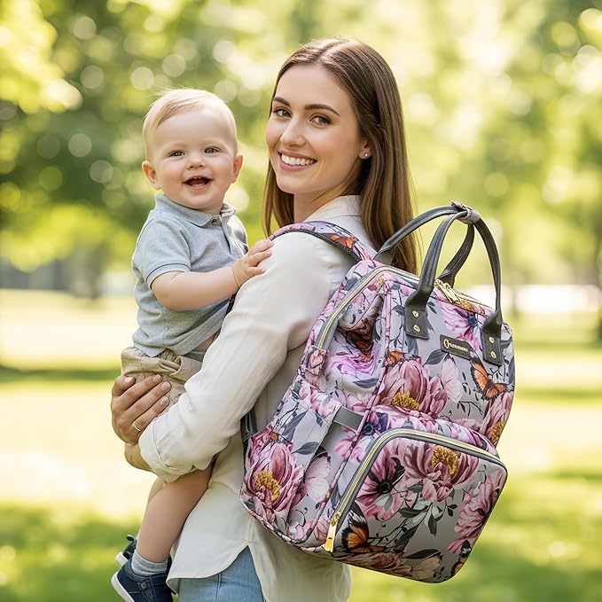 Floral Diaper Bag Backpack with Coin Bag USB Charging Port Stroller Straps and Insulated Pocket,Travel Nappy Backpack For Women/Mom (Grey Pink Flower Pattern)