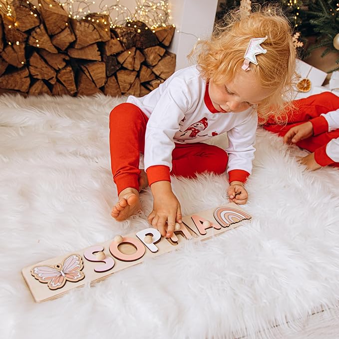 Rainbow Personalized Wooden Name Puzzle with Pegs – Montessori Learning Toy, Custom Toddler Gift, Educational Baby Shower & Birthday Present, Nursery Room Decor by BusyPuzzle