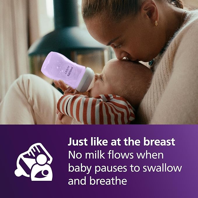 Philips Avent Natural Baby Bottles with Natural Response Nipples (Medium Flow, Flow 3), 9oz, Purple, 4-Pack, SCY903/34