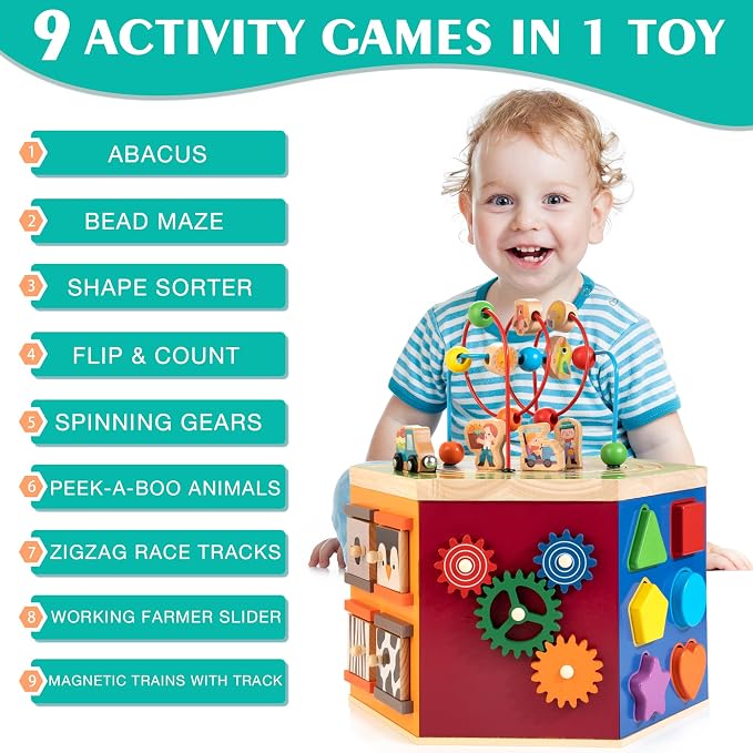 Large Activity Cube, 9-in-1 Farm-Themed Wooden Play Center, Multipurpose Montessori Toy for 1-2 Year Old Baby Toddler Kid, First Birthday Gift | Bonus Magnetic Train Cars