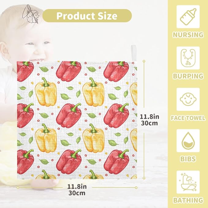 vvfelixl Baby Muslin Washcloths Bell Peppers Baby Burp Cloths Cotton Babys Face Towel for Infants Soft 11.8 X 11.8 in, 3 Pack