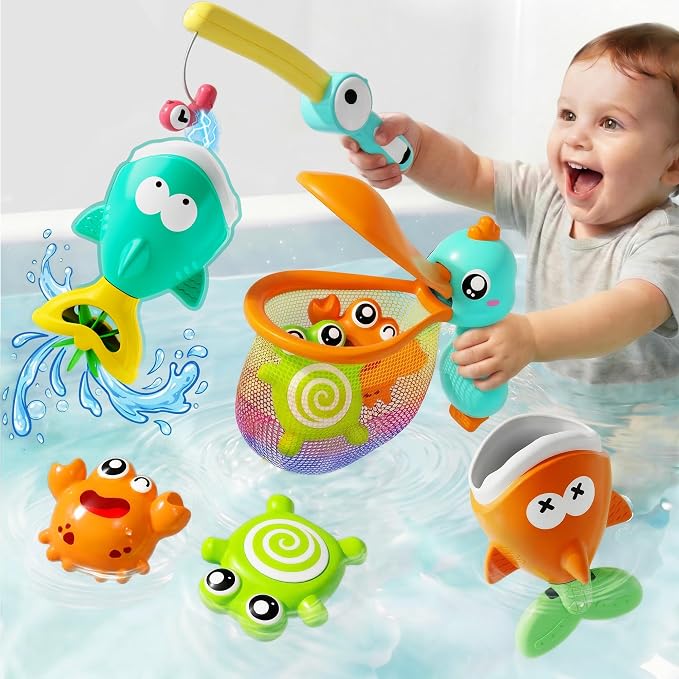 iPlay, iLearn Baby Fishing Bath Toy, Toddler Bathtub Magnetic Fishing Game W/Pole Net Fish Water Squirt Animal, Kid Shower Bathtime for Pool Play, Birthday Gift 6 12 18 Month 1 2 3 Year Old Boys Girls