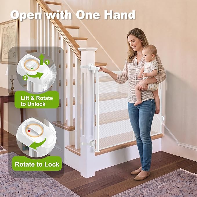 Reinforced Retractable Baby Gate for Stairs & Banister, 55" Wide Mesh Dog Gate, One-Handed Dual Lock Safety Gate for Kids & Pets, Fits Round & Square Posts (White)