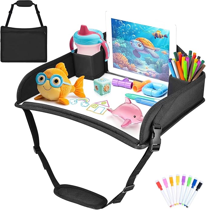 Kids Travel Tray for Toddler Carseat, Road Trip Activities Essentials for Toddler, Kids Lap Desk Tray with Tablet Holder Stand ï¼?Dry Erase Board (Black)