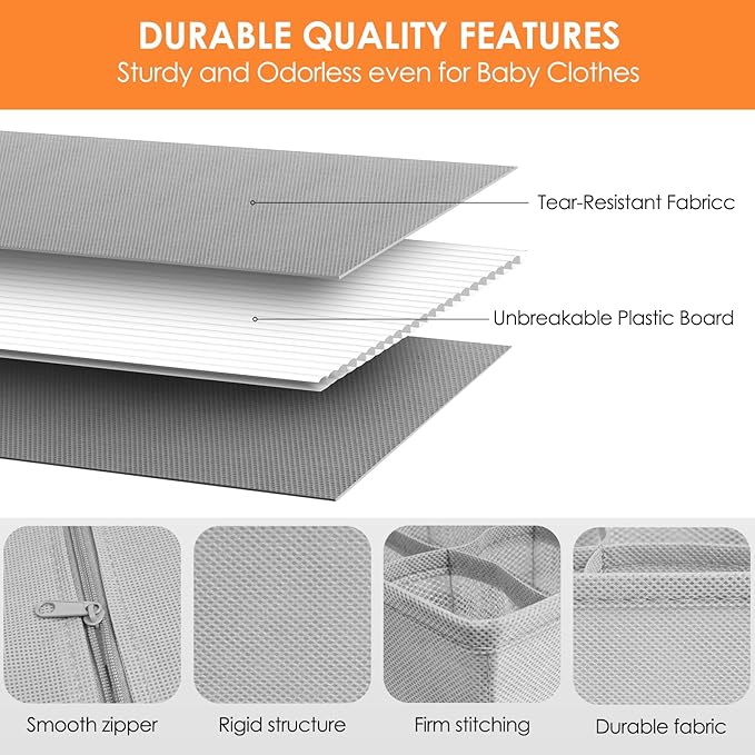 Drawer Organizer Clothes, 8 Pack Dresser Organizer Bins for Baby Clothes, Underwear Sock, Fabric Closet Organization and Storage Dividers for Nursery Bedroom (48 Compartments, Grey)