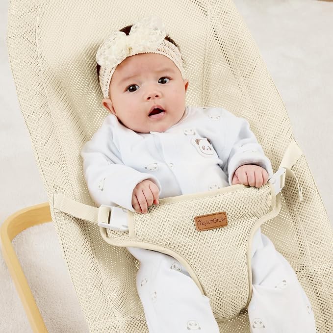 Foldable Baby Bouncer, Baby Bouncer Seat with 3 Adjustable Heights, Portable Newborn Rocker, Ergonomic Bouncer Seat for Natural Bounce, Bouncer for Babies 0-6 Months, Breathable Mesh (Mesh Beige)