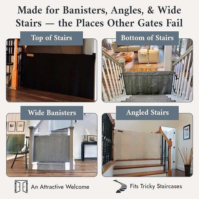 The Stair Barrier First Fabric Banister to Banister Baby Gates for Stairs 42”–52” Wide x 32” Tall– No Drill Baby Gate for Top or Bottom Staircase, Machine-Washable Climb Proof, Designed in USA, Grey