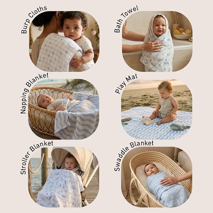GLLQUEN BABY Muslin Swaddle Blankets 4-Pack Breathable Receiving Blankets (35" x 40") Soft Baby Blankets for Girls and Boys Newborn Essentials Muslin Burp Cloths Swaddle Wrap Baby Gift(Ocean Whimsy)