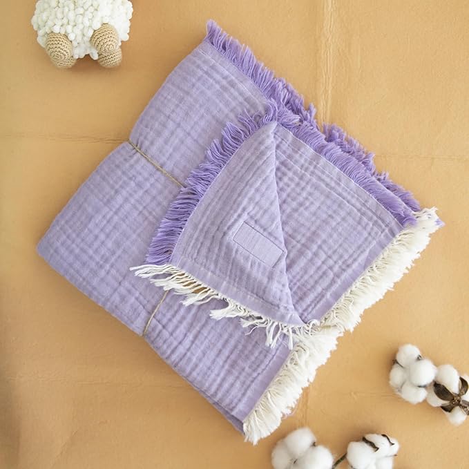 100% Cotton Unisex Baby Muslin Cover, 4 Layers, Swaddle Blanket for Newborn Babies, 110 * 120 cm Muslin Blanket (Lilac)