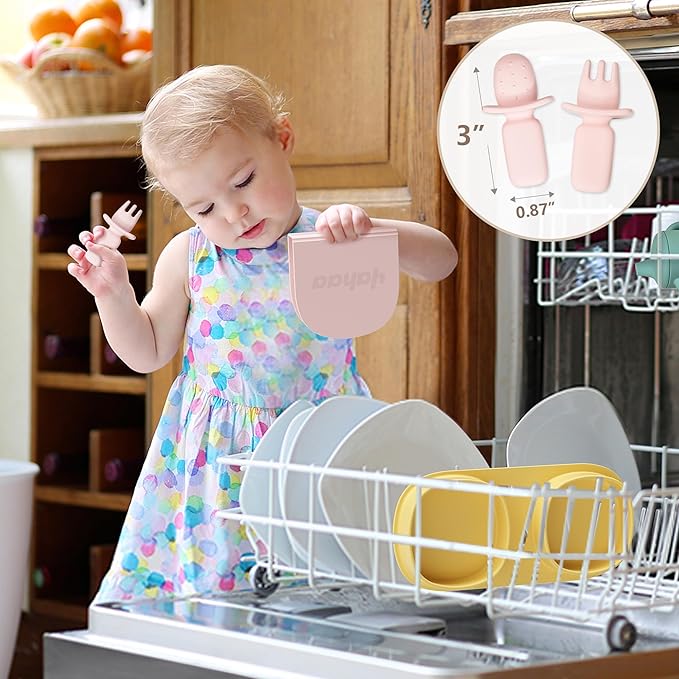 Silicone Foldable Novelty Dinner Plates, Baby Plates Travel Essential with Forks and Spoons, Microwave & Dishwasher Safe, Aqua