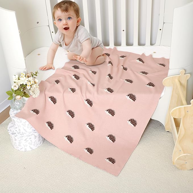 Opewod Baby Blanket 100% Cotton Baby Swaddle Blanket Knit Soft Cozy Lightweight Unisex Receiving Stroller Quilt Blanket with Cute Hedgehog 30x40 Inch Pink