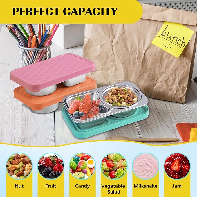 2 Pack Stainless Steel Snack Containers, 2 Compartment Snack Container with Silicone Lids, Easy Open Leak Proof Reusable Metal Toddler Snack Containers for Daycare (purple, blue)