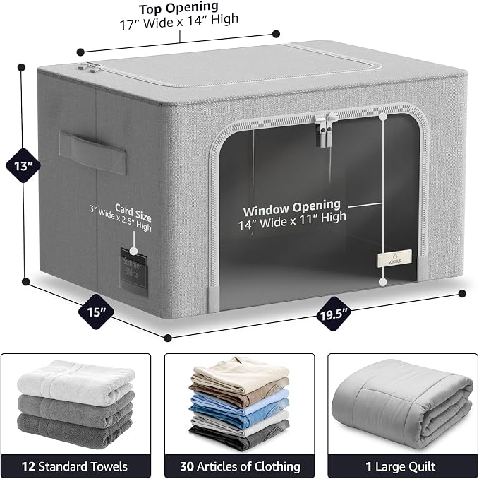 Storage Bins with Metal Frame - Stackable & Foldable Clothes Organizer Bags - Oxford Fabric Storage Containers with Large Clear Window & Carry Handles, Organization for Bedding, Linen, Clothes & More