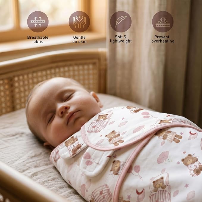 GLLQUEN BABY Swaddles for Newborns Organic Cotton, Soft Baby Girl Swaddles 0-3 Months, Womb-Like Sleep Sack Wrap Nursery Swaddling Blankets Pink Bear