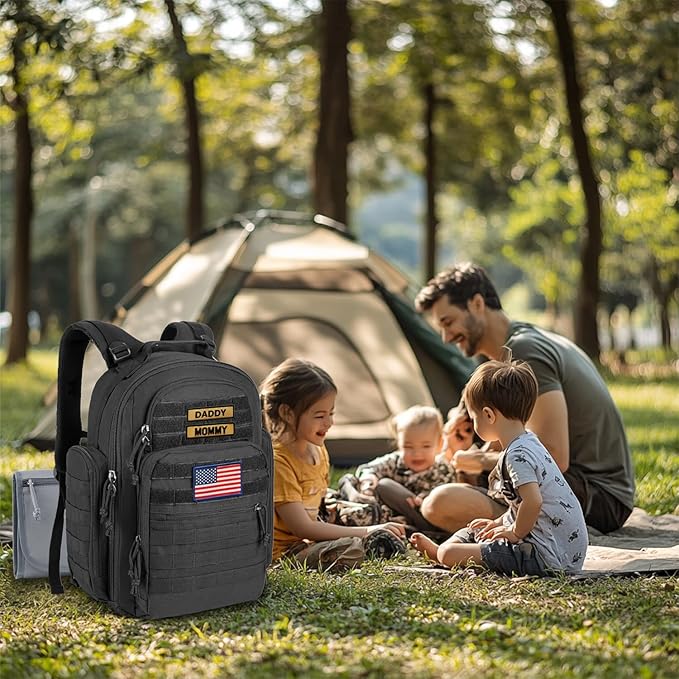 SHARKMOUTH Dad Diaper Bag Military - Large Baby Diaper Backpack with Changing Pad for Travel Camping Trips Park - Newborn Baby Shower Gifts Black