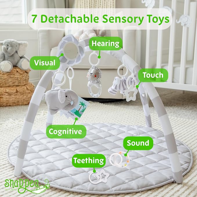 SnapPea Baby Company Baby Activity Mat. Gray Baby Play Mat, Tummy Time Mat with 6 Baby Toys. Non Slip, Soft Plush Baby Play Gym Mat. Portable Baby Gym, Infant Floor Playmat for Playroom, Nursery