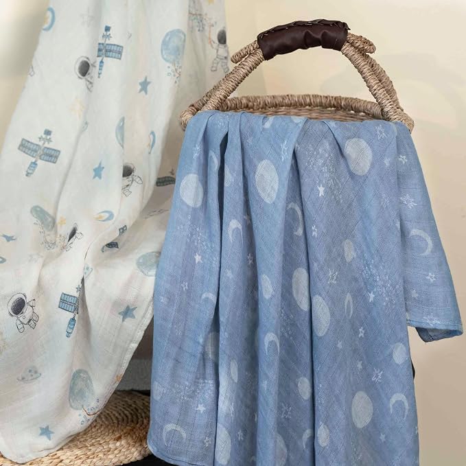 GLLQUEN BABY Muslin Swaddle Blankets Breathable Receiving Blankets (35" x 40") 2-Pack Soft Baby Blankets for Girls and Boys Newborn Essentials Muslin Burp Cloths Swaddle Wrap Baby Gift(Astronaut)