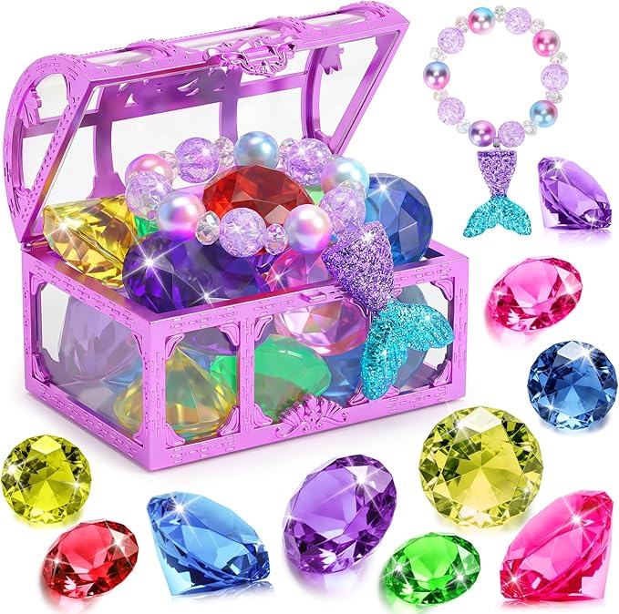 VGOFUN Diving Gems Pool Toys,10 Pcs Colorful Diamond with Treasure Chest Pirate Box Kids Swim Toys Acrylic Underwater Gemstone for Boys Girls Bath Toys Swimming Training Gift Water Pool Games