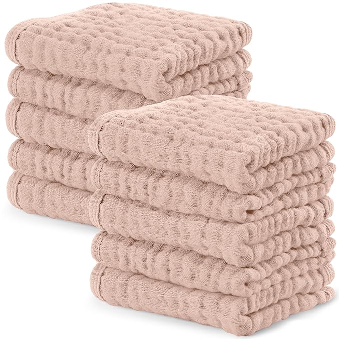 Comfy Cubs Muslin Baby Washcloths 10 Pack - Soft 6-Layer Cotton Wash Cloths for Sensitive Skin - 10"x10" Large, Gentle, Absorbent Infant Essentials for Newborn and Toddlers - Blush