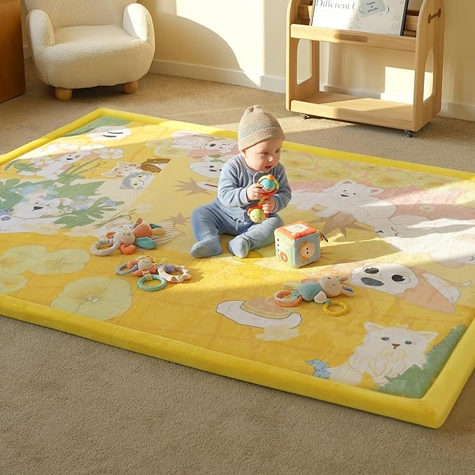 1.5" Thick Educational Extra Large Baby Floor Play Mat 79x158, Flannel Padded Memory Foam Kids Mat, Non-Slip Plush Playmat for Nursery Playroom Classroom ((Dog)