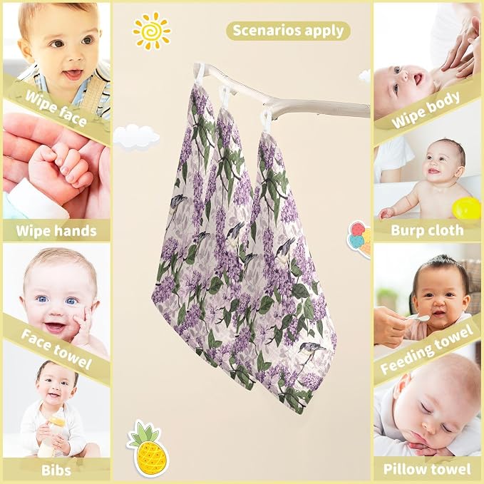 vvfelixl Bloom Lilac Magno Baby Burp Cloths Baby Muslin Washcloths for Boys Girls Cotton Babys Face Towel for Newborn Infants Soft and Absorbent 11.8 X 11.8 in, 5 Pack