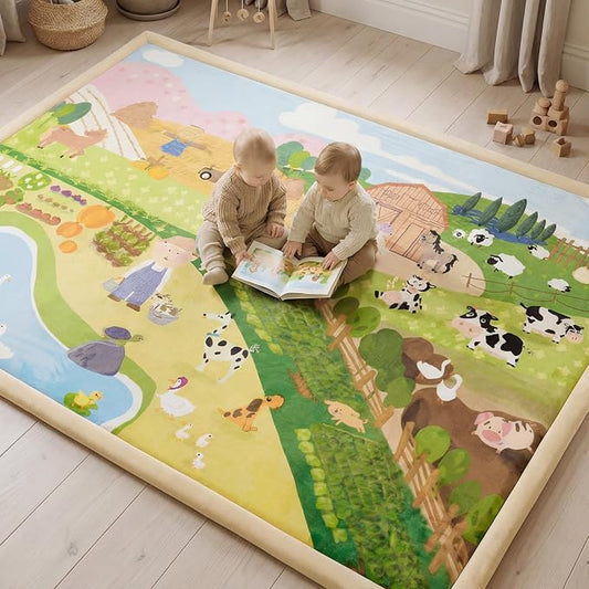 1.5" Thick Educational Baby Floor Play Mat 59x79, Flannel Padded Memory Foam Kids Mat, Non-Slip Plush Playmat for Nursery Playroom Classroom (Farm)