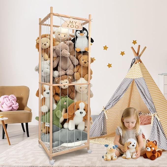 Stuffed Animal Storage Zoo with Wheels, 64" Wooden Large Stuff Animals Plushies Holder Toy Organizer Kids Plush Storage Cage with Elastic Band and Net for Nursery Playroom Corner for Toddler