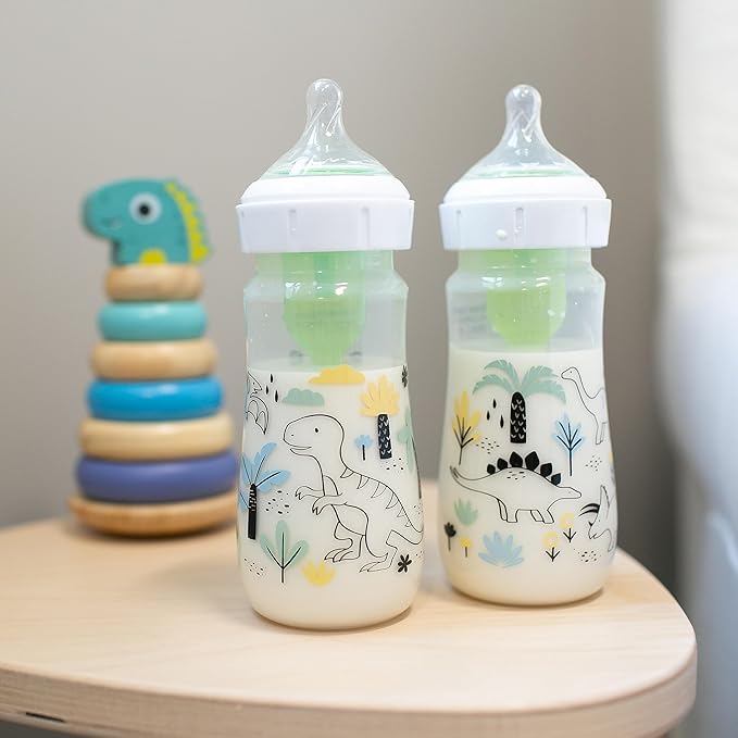 Dr. Brown's Anti-Colic Options + Wide-Neck Baby Bottle Designer Edition Dino Decos, 9oz/270mL, Level 1 Slow Flow Nipple, BPA-Free, 0m+, 2-Pack