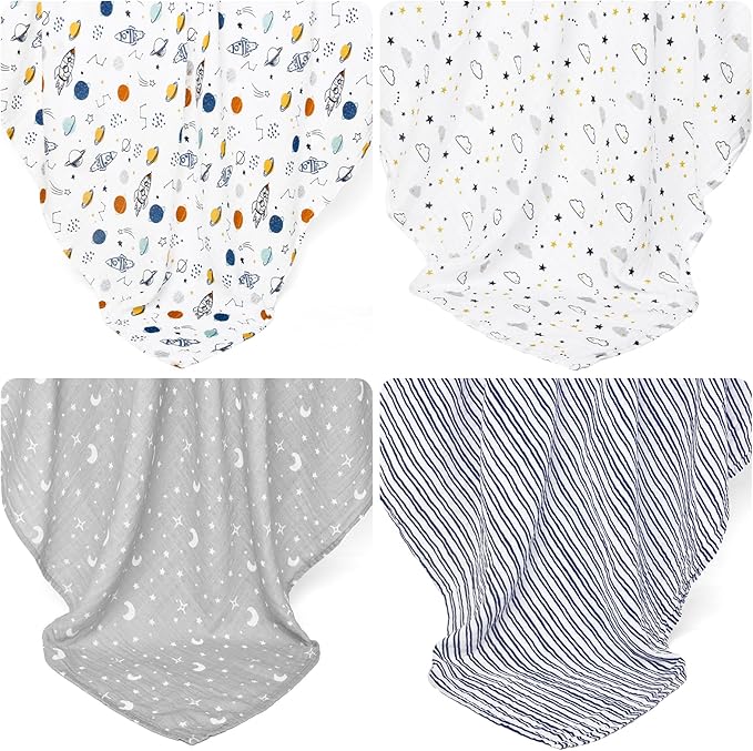david's kids 4 Pack Baby Muslin Swaddle Blankets, 100% Cotton and Ultra Soft Breathable Receiving Blanket Wrap for Boys Girls, New Born Essentials, Large 47 x 47 inches, Space/Stars/Wave