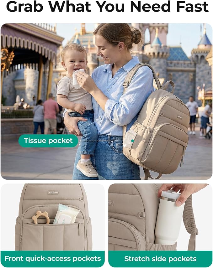 BAGSMART Diaper Bag Backpack, Multi-Pocket Puffy Diaper Bag with Waterproof Changing Pad, Lightweight Stroller-Friendly Diaper Bag with Insulated Pockets, Easy-Access Baby Essential, Black
