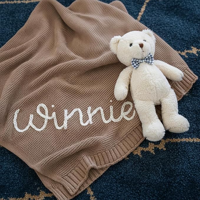 Luxury Personalized Name Baby Blanket, Hand-Embroidered Name Baby Blanket, Soft Breathable Cotton Knit Kids Blankets, Newborn Kid Gift, New Mom Gifts, Newborn Kids Girl & Boy Gift 11