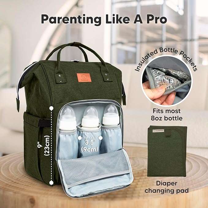 KeaBabies Baby Diaper Bag Backpack - Large Baby Bag for Boys, Girls, Waterproof Multi Function Travel Diaper Backpack with Changing Pad, Durable Travel Essentials for Moms and Dads (Dark Olive)