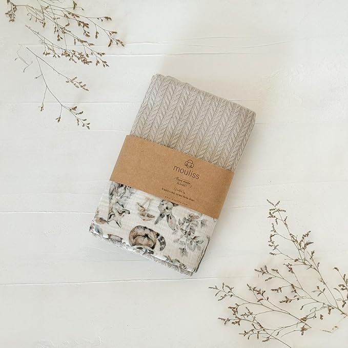 Mouliss Personalized Baby Blanket with Name ??Handmade 100% Organic Cotton Newborn Gift | Custom Knit Blanket for Boys, Girls, Kids & Baby Showers (Stone Beige/Critter Crew)
